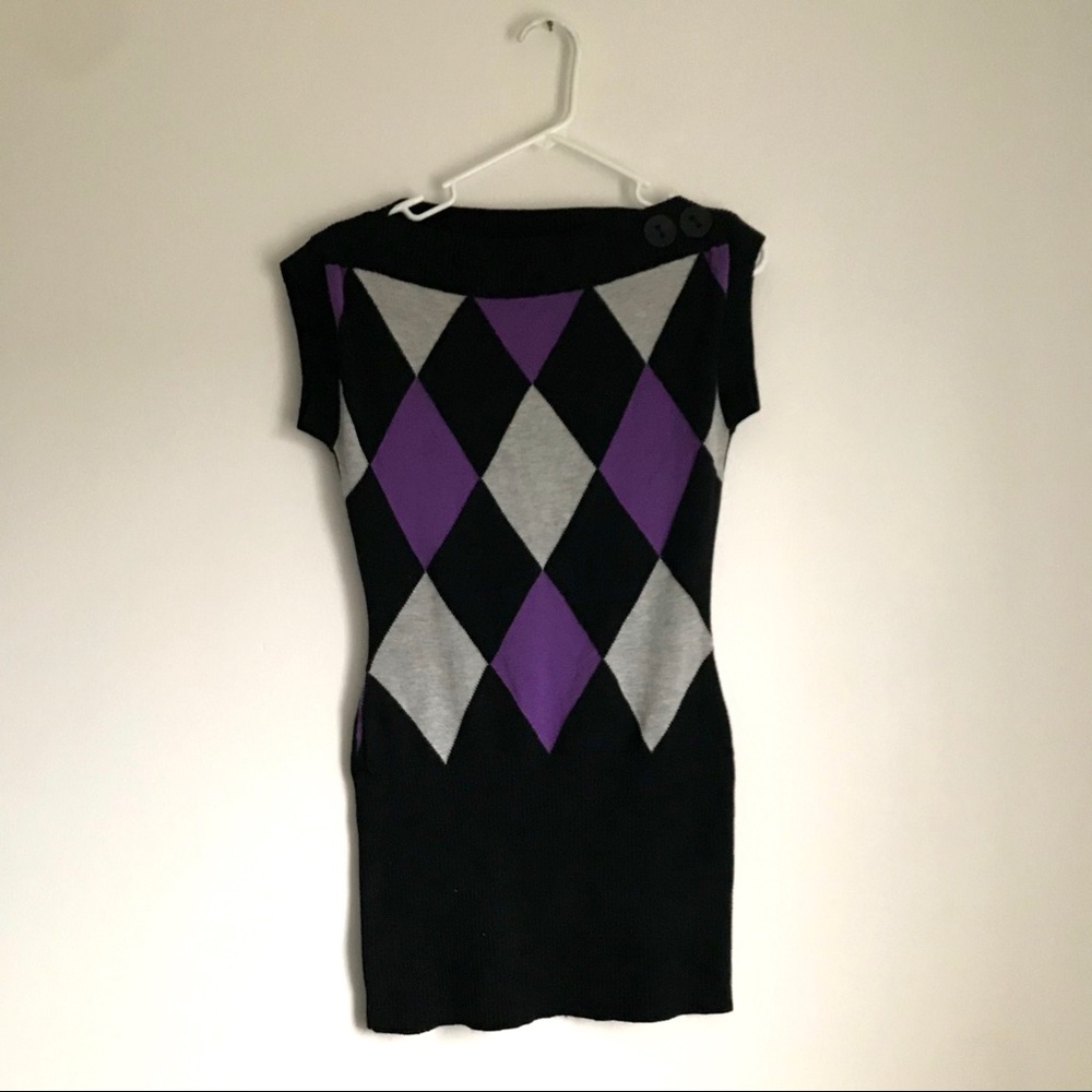 Black and Purple Form Fitting Argyle Sweater Dress